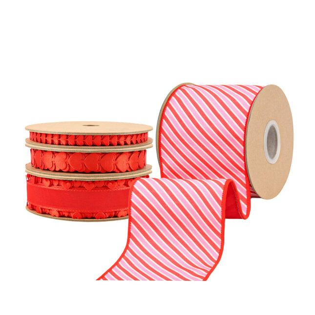 Red/White Varied Diagonal Stripe & Red Heart Edging Trimming with Red Running Hearts Ribbon Bundle 4 Rolls |40 Yards LaRibbons and Crafts