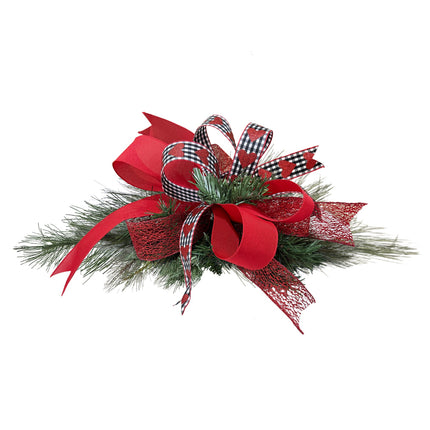 Valentine ribbon decor: check/hearts, red mesh, solid red ribbons on pine foliage