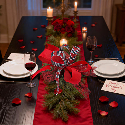 Valentine dinner table: ribbon decor, wine & "Happy Valentine’s Day" card with candles