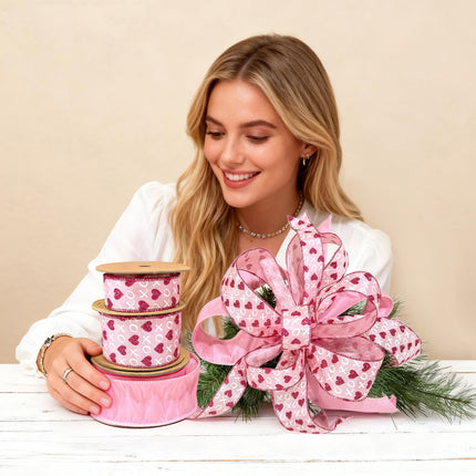 Lady with Valentine ribbon set: pink heart/XO spools & decorated pine foliage