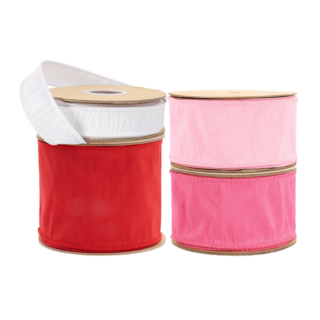 Valentine ribbon spools: red/white/pink fabric, neatly stitched edges