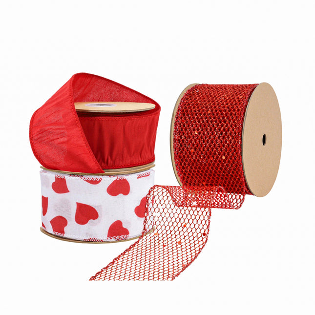 Valentines Day Ribbon Set: Solid red, heart-print & sequined mesh ribbon rolls (decor supplies)