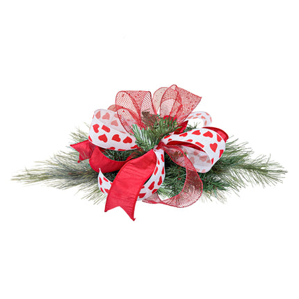 Valentines Ribbon Decor: Heart-print/mesh red ribbons on pine sprig (table/wreath decor)