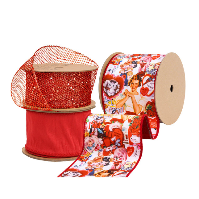 Valentines Day Ribbons Set: Red glitter net, solid red dupioni & retro heart/kitten wired ribbons (spools). Gifting/decor.
