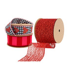 Valentines Day Ribbons Set: gingham/red-glitter-heart, stripe, red mesh wired ribbons (spools) for gifting.