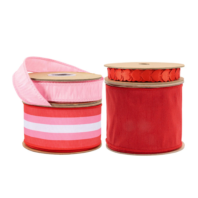 Valentines Ribbon Rolls: Pink, red-white stripe & red heart-trim (decor/gift wrap supplies)