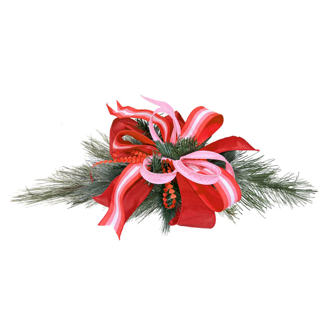 Valentines Ribbon Decor: Pink/red stripe + heart trim on pine sprig (wreath/table accents)