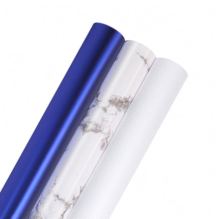 White pinstripe, marble & royal blue wrapping paper rolls – 30”x10’ for elegant gifting.