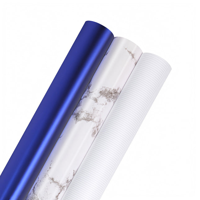 White pinstripe, marble & royal blue wrapping paper rolls – 30”x10’ for elegant gifting.
