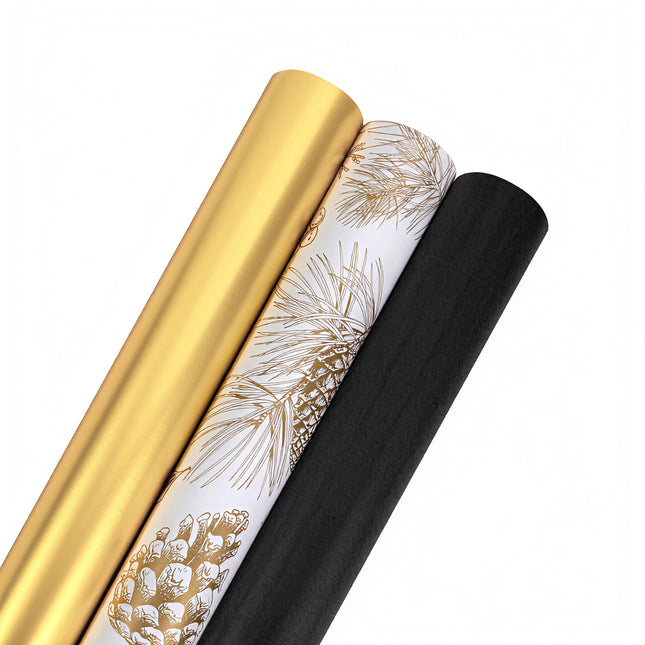 Black chalkboard, gold matte & gold pinecone wrapping paper rolls – 30”x10’ for holiday gifting.