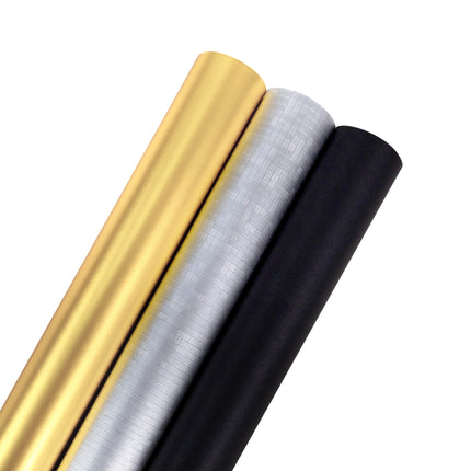 Gold, silver-pattern & black wrapping paper rolls – 30”x10’ for festive gifting.