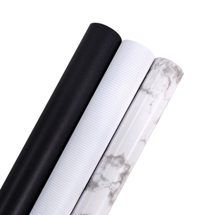 White Pinstripe, Black Chalkboard & White Marble wrapping paper rolls – 30”x10’ for elegant gifting.