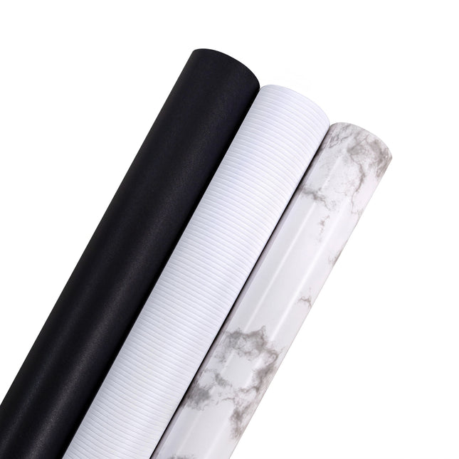 White Pinstripe, Black Chalkboard & White Marble wrapping paper rolls – 30”x10’ for elegant gifting.
