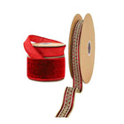 Red gift wrapping ribbons on spools, including a plush red velvet ribbon and a red ribbon with delicate gold patterns.