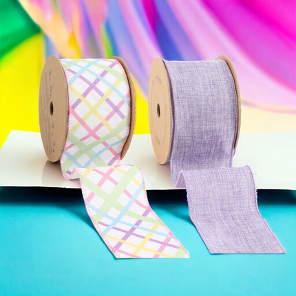 2 1/2" Lavender Linen & Bias Plaid  Wired Ribbon Bundle - 2 Rolls/20 Yards Total LaRibbons and Crafts