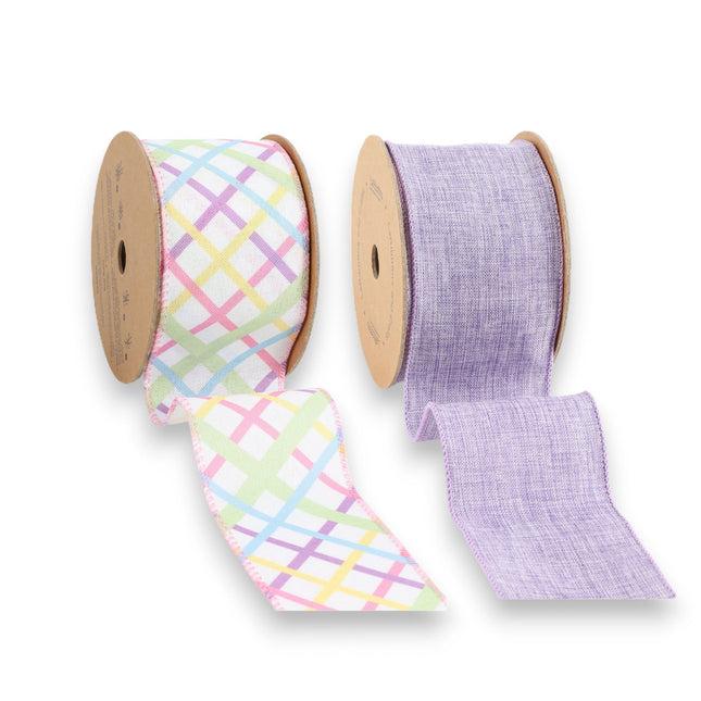 2 1/2" Lavender Linen & Bias Plaid  Wired Ribbon Bundle - 2 Rolls/20 Yards Total LaRibbons and Crafts