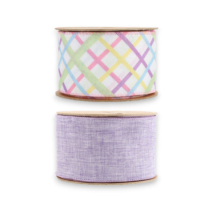 2 1/2" Lavender Linen & Bias Plaid  Wired Ribbon Bundle - 2 Rolls/20 Yards Total LaRibbons and Crafts