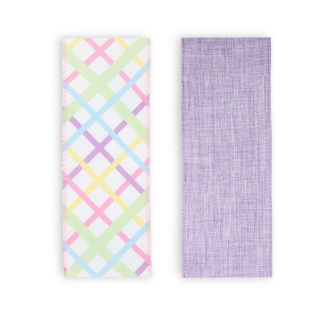 2 1/2" Lavender Linen & Bias Plaid  Wired Ribbon Bundle - 2 Rolls/20 Yards Total LaRibbons and Crafts