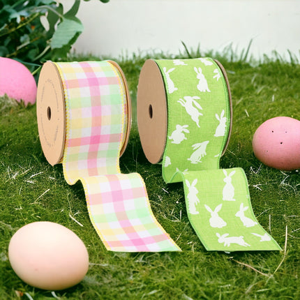 2 1/2" Bunny & Spring Plaid Wired Ribbon Bundle - 2 Rolls/20 Yards Total LaRibbons and Crafts