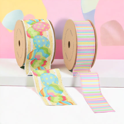 1 1/2" -2 1/2" Easter Egg & Striped Wired Ribbon Bundle - 2 Rolls/20 Yards Total LaRibbons and Crafts