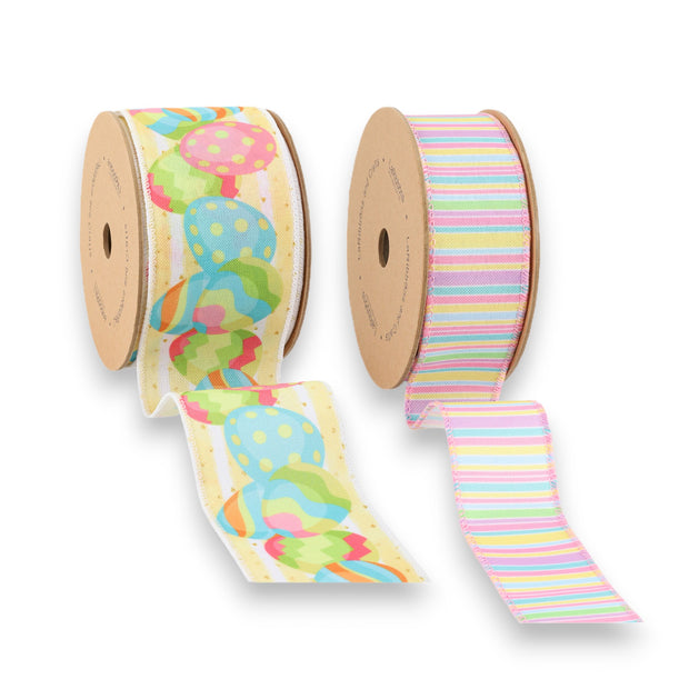 1 1/2" -2 1/2" Easter Egg & Striped Wired Ribbon Bundle - 2 Rolls/20 Yards Total