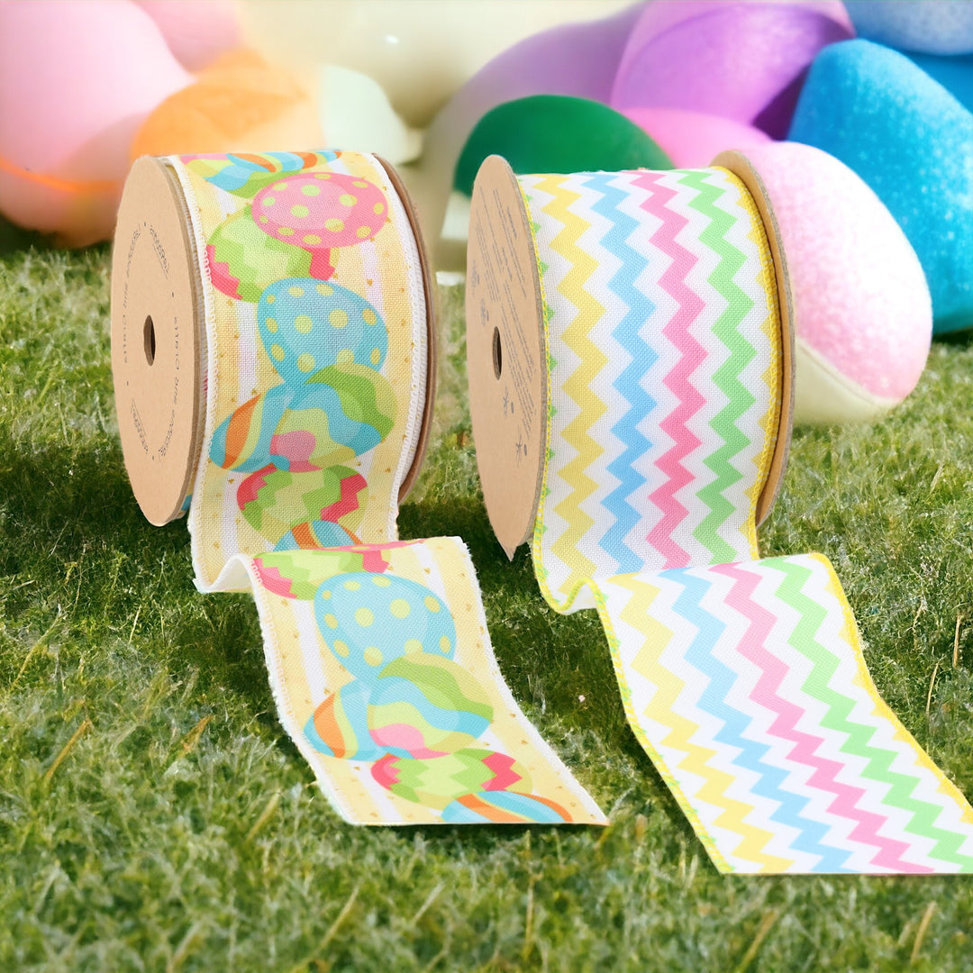 2 1/2" Easter Egg & Chevron Wired Ribbon Bunlde - 2 Spools/20 Yards Total