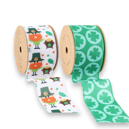 2 1/2" Leprechaun & Clover Wired Ribbon Bundle - 2 Rolls/20 Yards Total