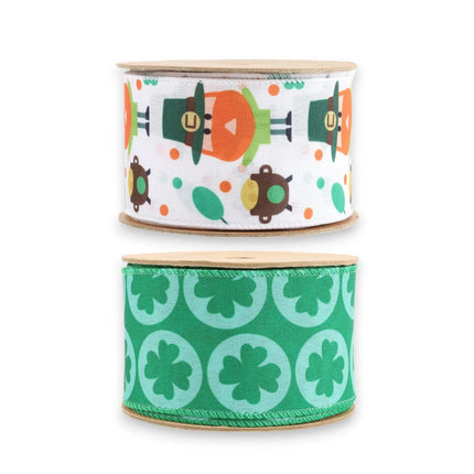 2 1/2" Leprechaun & Clover Wired Ribbon Bundle - 2 Rolls/20 Yards Total