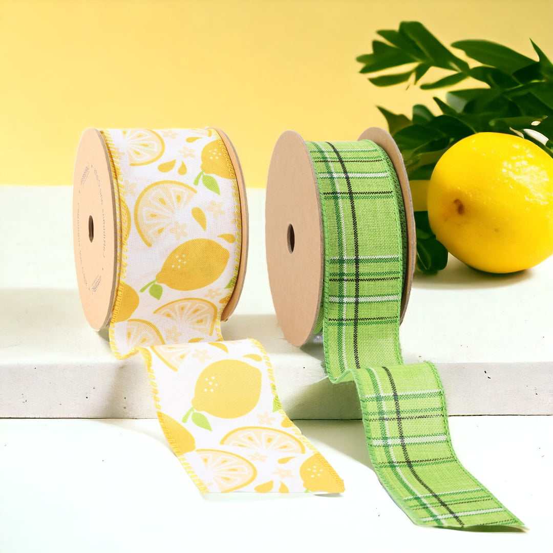 1 1/2" & 2 1/2" Plaid & Lemon Wired Ribbon Bundle - 2 Rolls/20 Yards Total