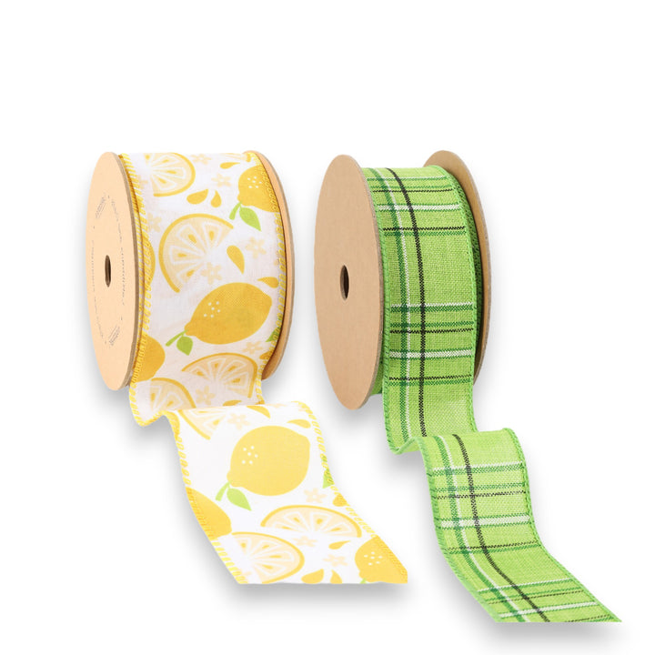 1 1/2" & 2 1/2" Plaid & Lemon Wired Ribbon Bundle - 2 Rolls/20 Yards Total