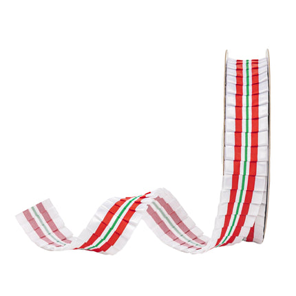 A spool of white ribbon with red and green stripes, ideal for Christmas crafting, holiday decor, and gift wrapping projects.