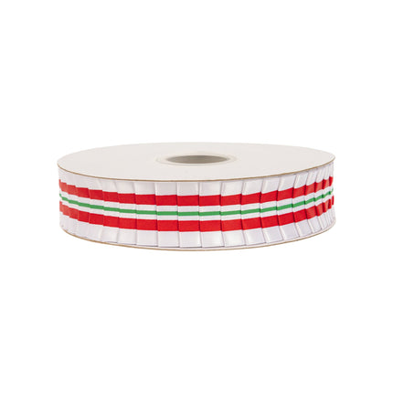 Spooled white ribbon with red and green stripes, suitable for Christmas decor, crafting, and gift presentation.