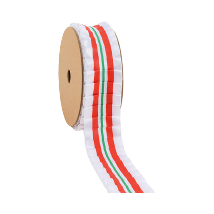 Printed grosgrain ribbon - candy white with red/green stripe, ideal for Christmas decor, gift wrapping, and festive crafting.