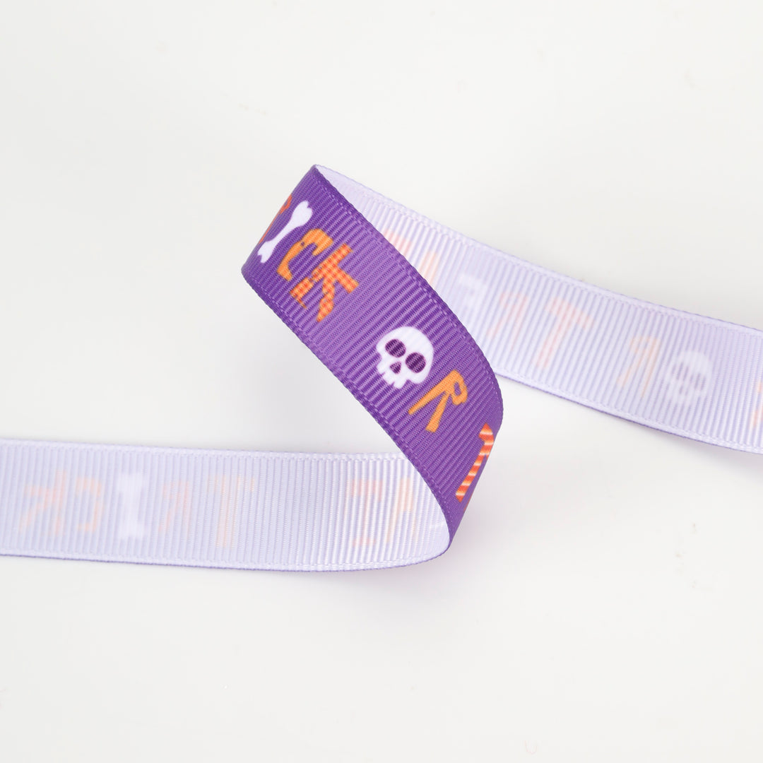 5/8" Printed Grosgrain Ribbon | "Trick or Treat" Purple | 20 Yard Roll - 50% OFF