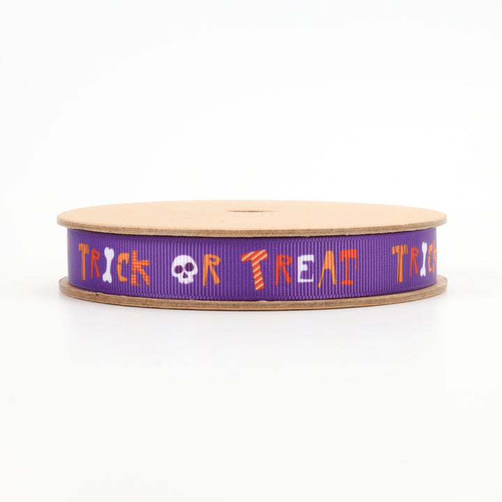 5/8" Printed Grosgrain Ribbon | "Trick or Treat" Purple | 20 Yard Roll - 50% OFF