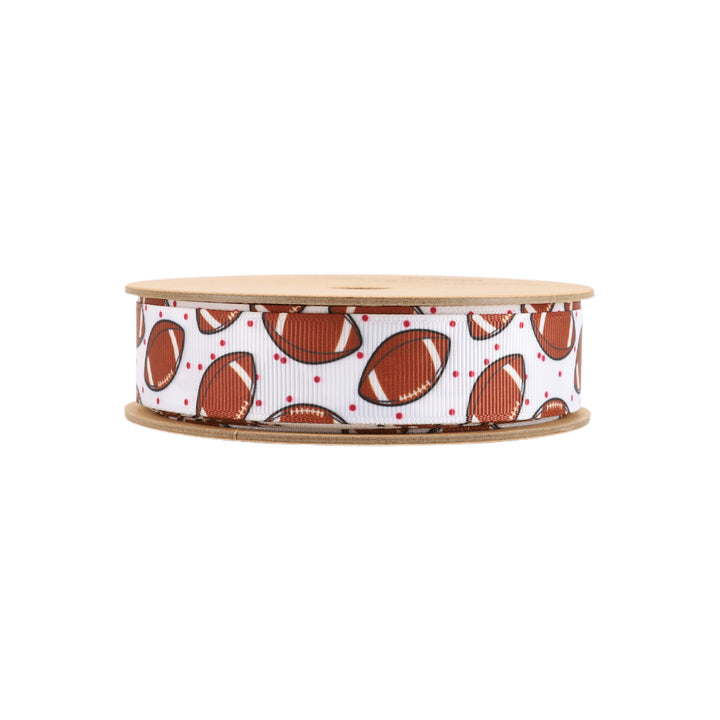 7/8" Printed Grosgrain Ribbon | Footballs on White | 25 Yard Roll