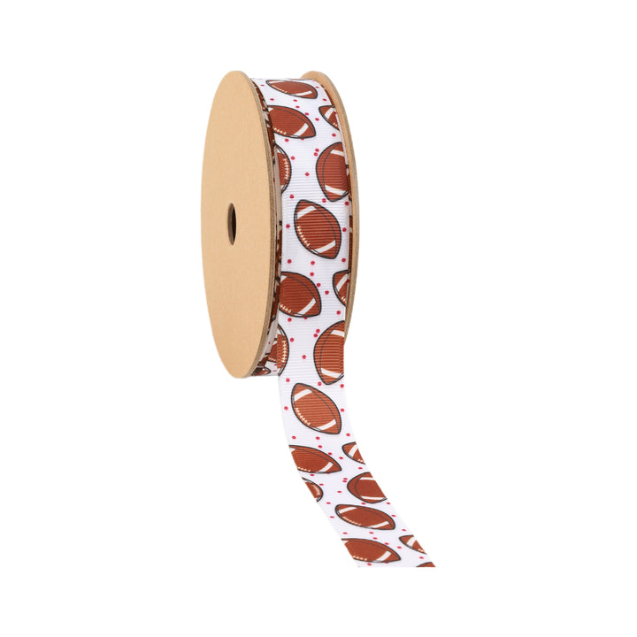 7/8" Printed Grosgrain Ribbon | Footballs on White | 25 Yard Roll