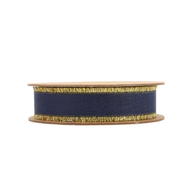 1" Textured Grosgrain Ribbon | Gold Metallic Fringe Navy | 25 Yard Roll