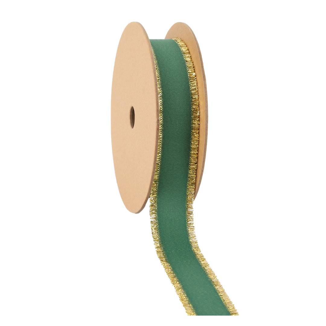 1" Textured Grosgrain Ribbon | Gold Metallic Fringe Green | 25 Yard Roll