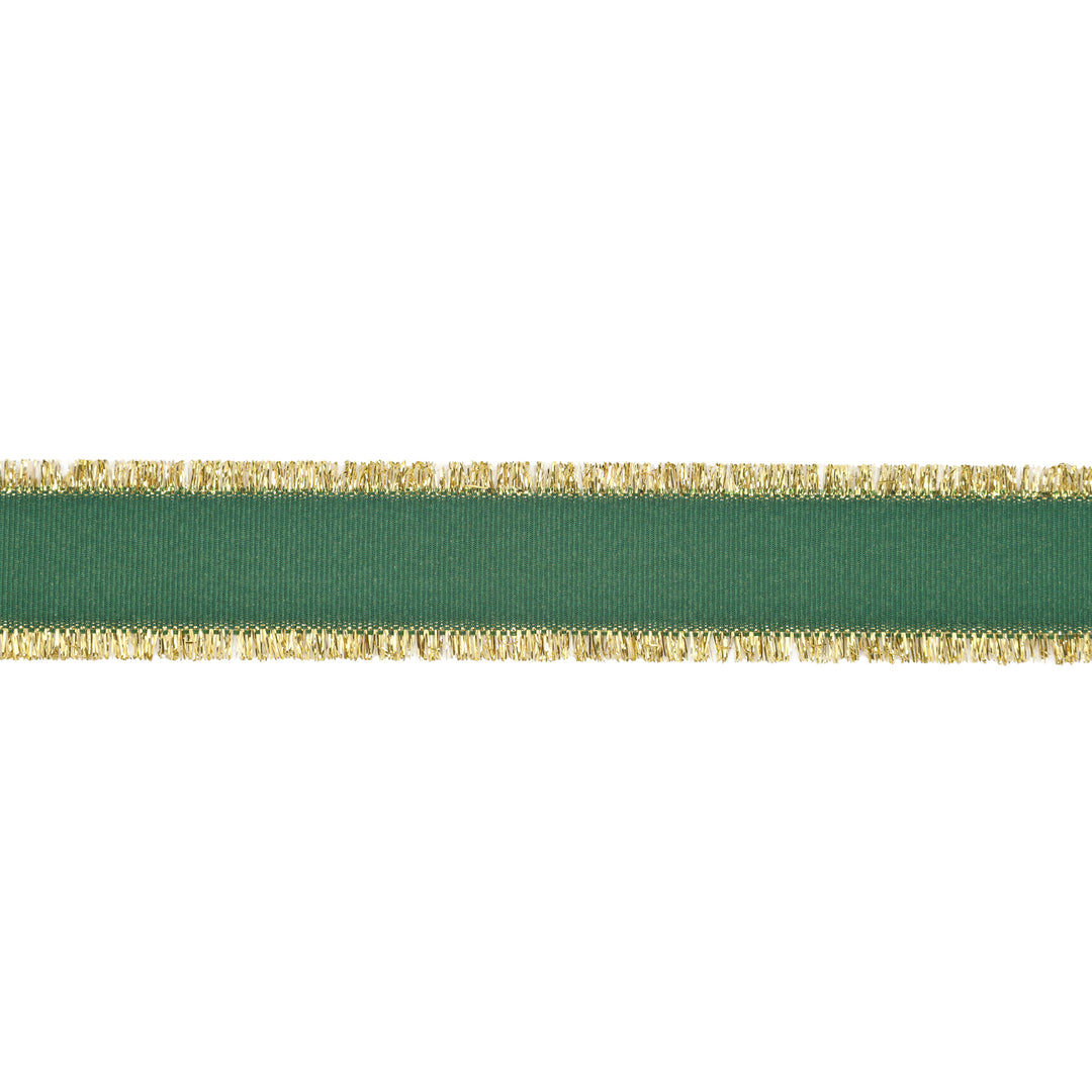 1" Textured Grosgrain Ribbon | Gold Metallic Fringe Green | 25 Yard Roll