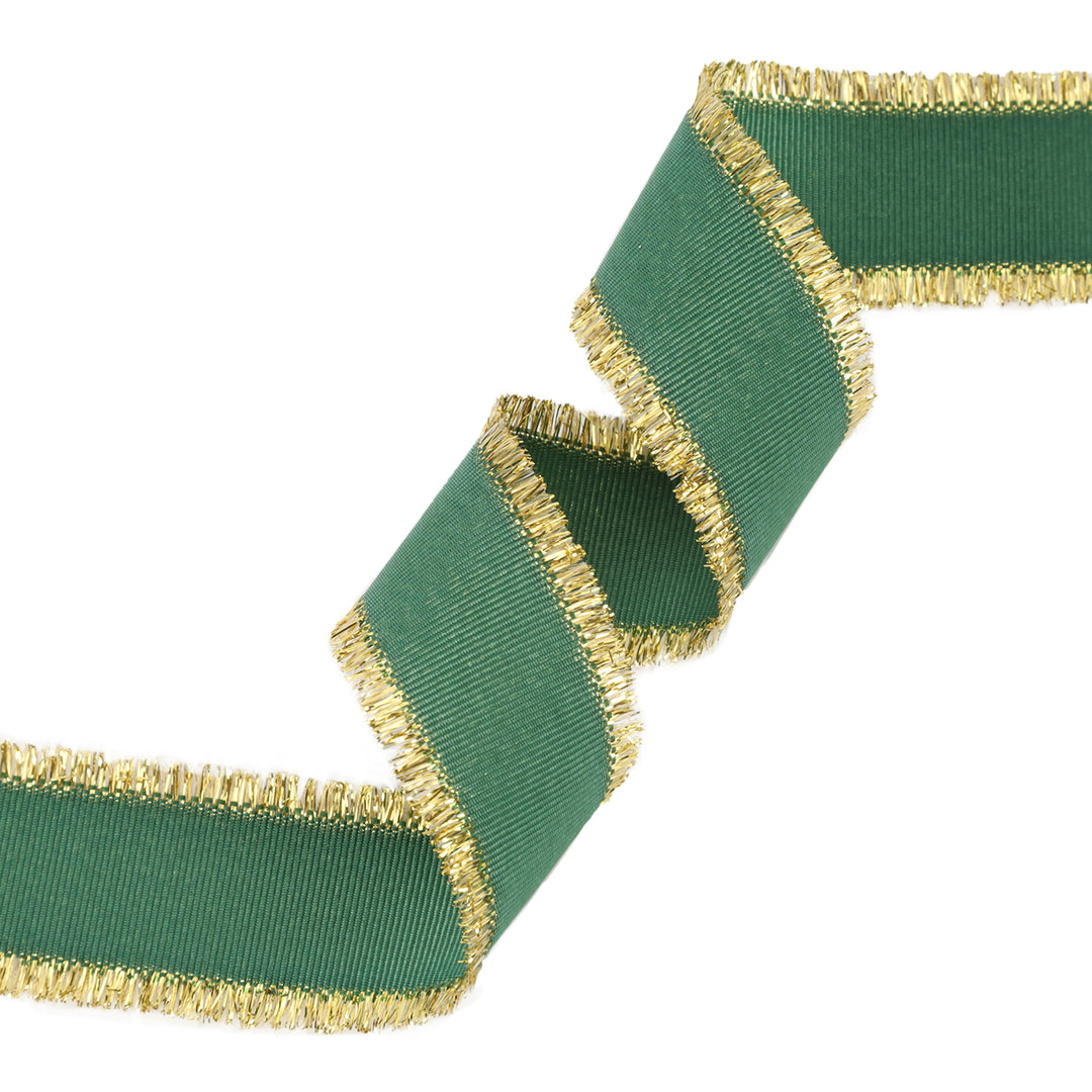 1" Textured Grosgrain Ribbon | Gold Metallic Fringe Green | 25 Yard Roll