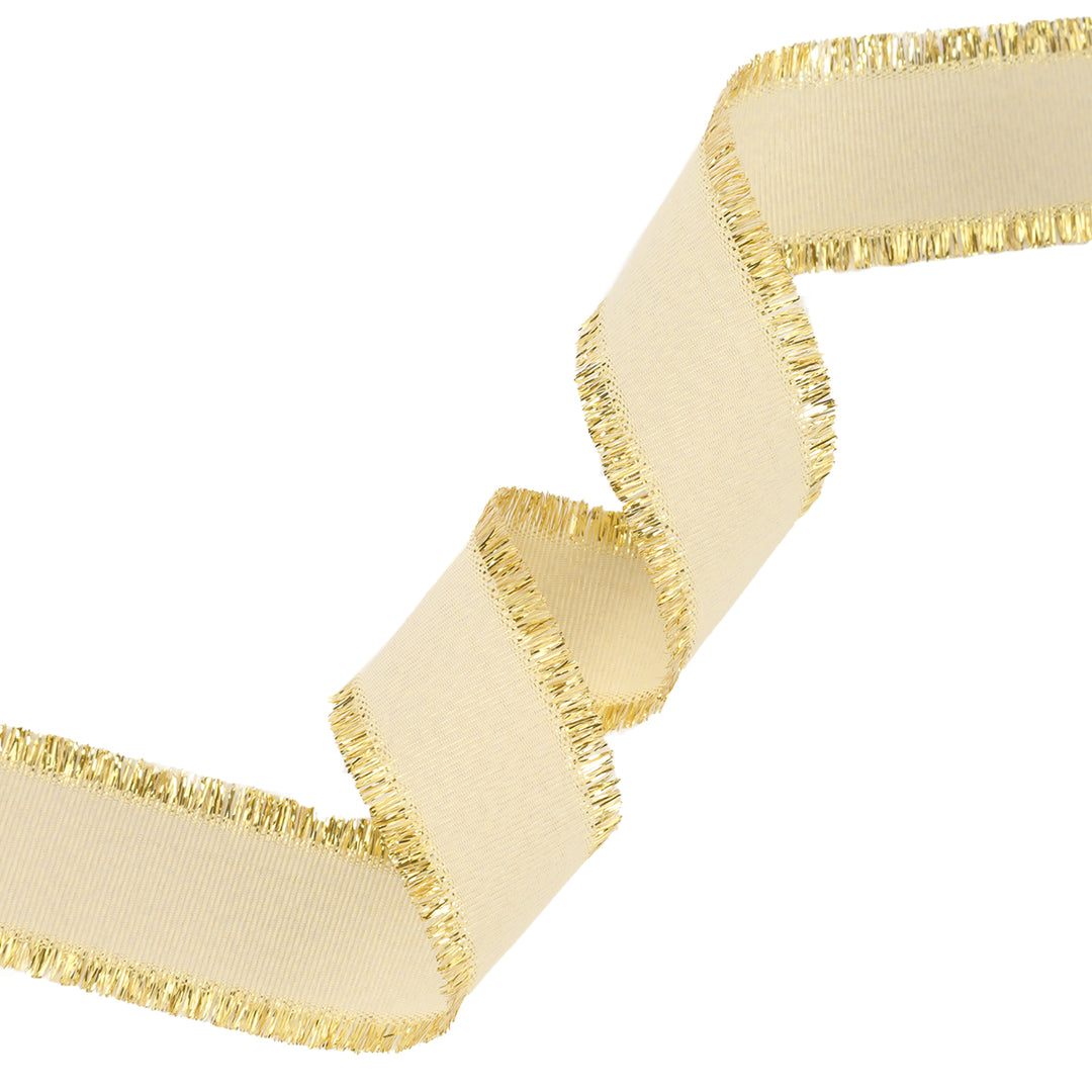 1" Textured Grosgrain Ribbon | Gold Metallic Fringe Cream | 25 Yard Roll