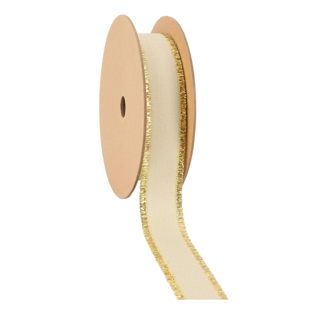 1" Textured Grosgrain Ribbon | Gold Metallic Fringe Cream | 25 Yard Roll