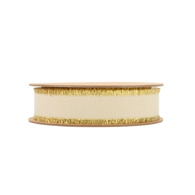 1" Textured Grosgrain Ribbon | Gold Metallic Fringe Cream | 25 Yard Roll