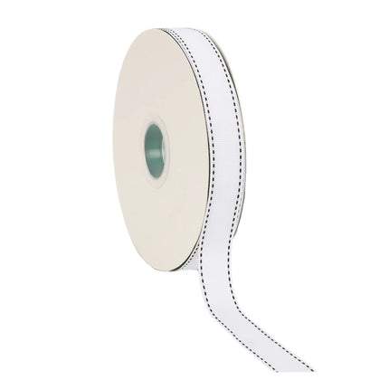 Saddlestitch Grosgrain Ribbon: Crisp white base with black stitched edge detailing — ideal for elegant gift wrapping