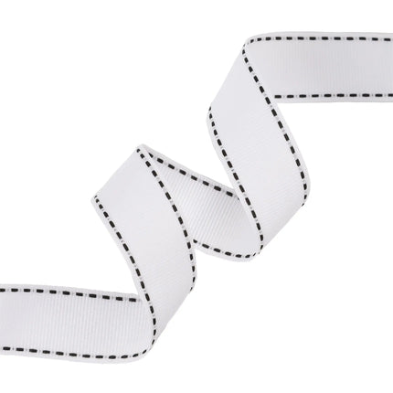 White Saddlestitch Grosgrain Ribbon (black trim): Perfect for adding subtle contrast to minimalist decor and gift bow styling.