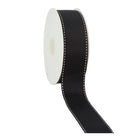 A roll of black saddlestitch grosgrain ribbon (with white dashed borders), great for embellishing gift baskets, styling party favors.