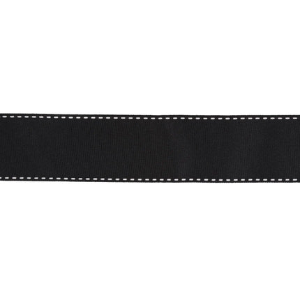 Durable black saddlestitch grosgrain ribbon on a white spool, perfect for adding a polished, detailed touch to gift bows.