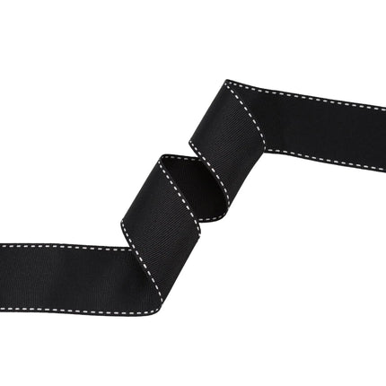 Classic black saddlestitch grosgrain ribbon (featuring white dashed edge details), ideal for elegant gift wrapping.