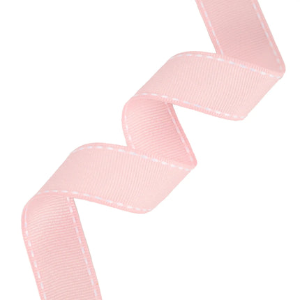 Soft pink Saddlestitch Grosgrain Ribbon: Adorned with subtle white stitched edges,ideal for romantic decor accents.